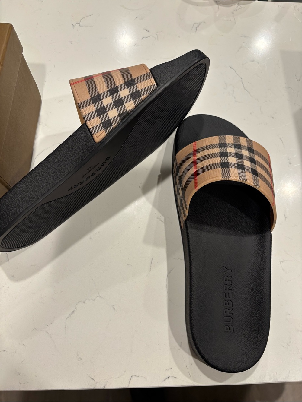 Burberry Black Slide Sandals with Beige Nova Check Strap - Picture 1 of 2